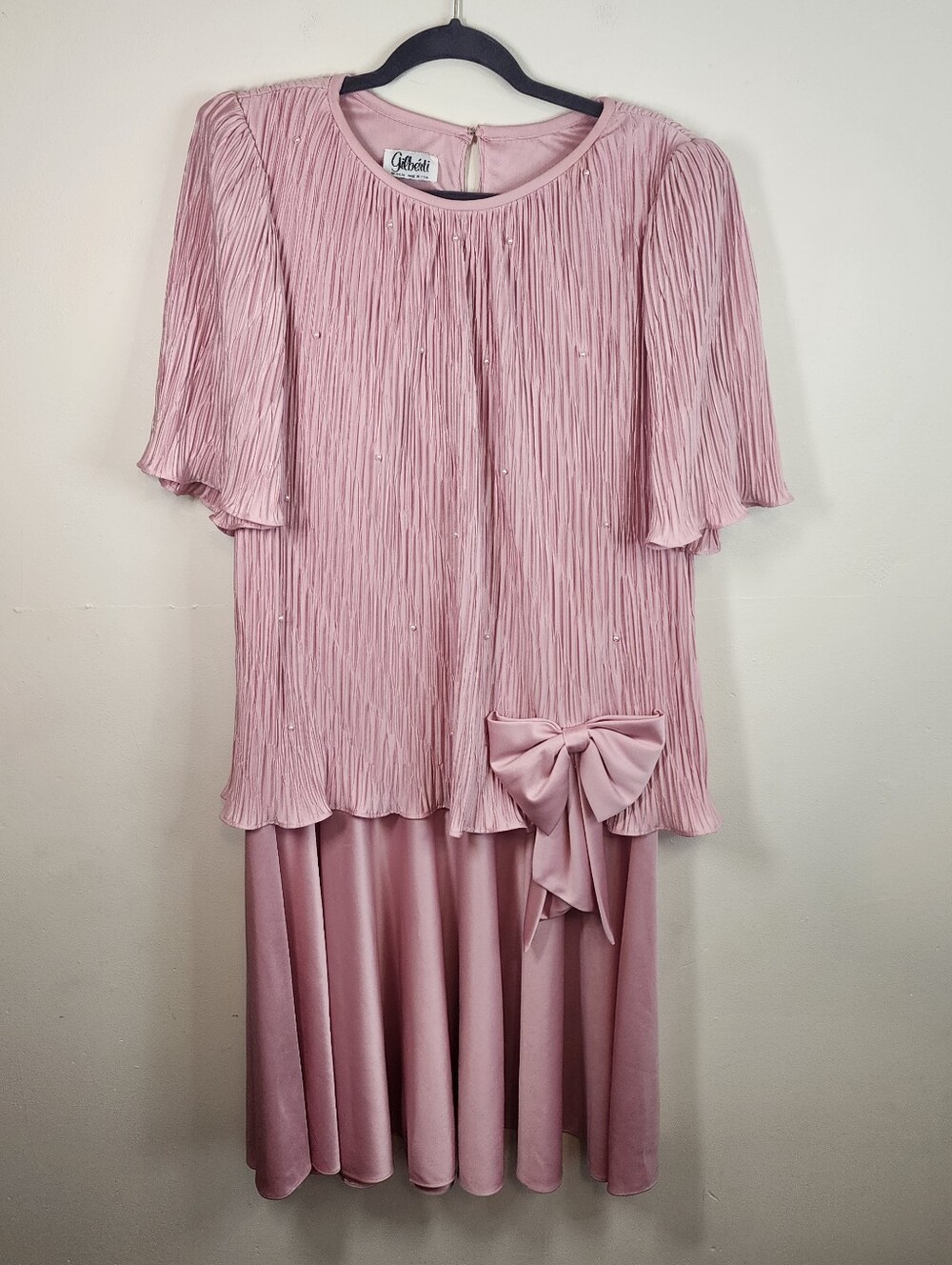 Vintage 1980s Pink Pearl Bow Dress Gilberti Designer Glinda Size L-XL 16-18